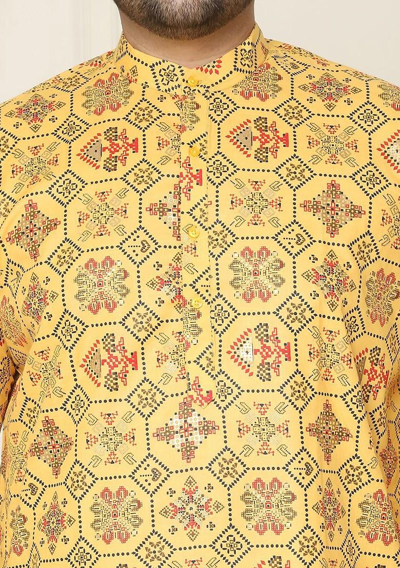 Yellow Ethnic Motifs Cotton Kurta For Men