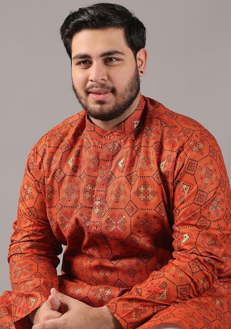 Orange Ethnic Motifs Cotton Kurta For Men