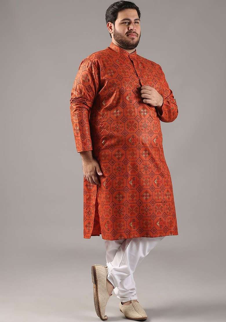 Orange Ethnic Motifs Cotton Kurta For Men - Indya