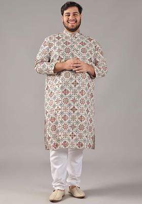 Cream Ethnic Motifs Cotton Kurta For Men