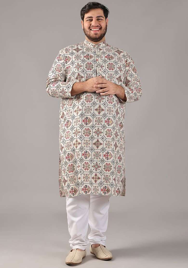 Cream Ethnic Motifs Cotton Kurta For Men - Indya