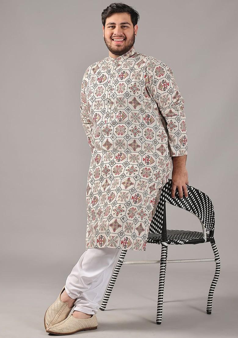 Cream Ethnic Motifs Cotton Kurta For Men