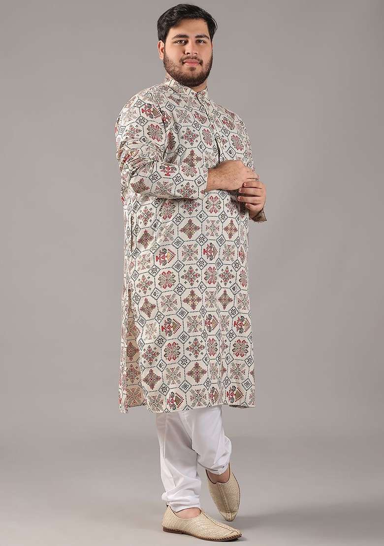 Cream Ethnic Motifs Cotton Kurta For Men - Indya
