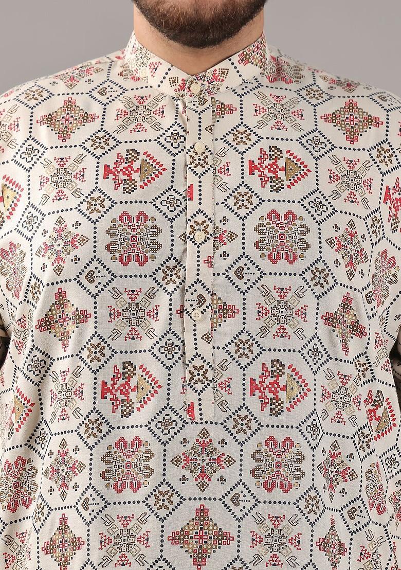 Cream Ethnic Motifs Cotton Kurta For Men