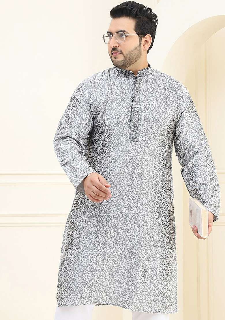 Grey Printed Poly Blend Kurta For Men - Indya