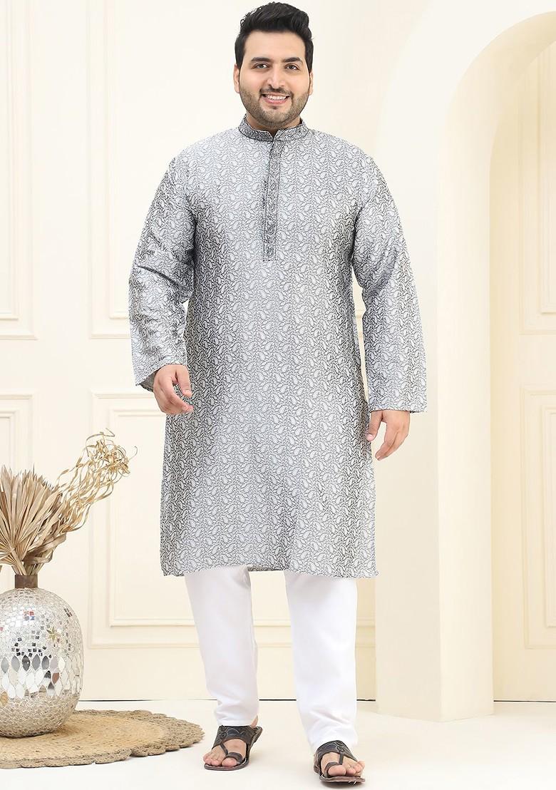 Grey Printed Poly Blend Kurta For Men