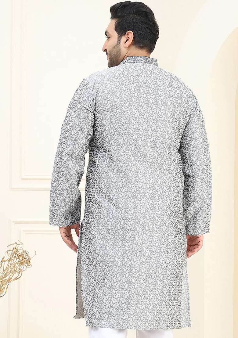 Grey Printed Poly Blend Kurta For Men - Indya