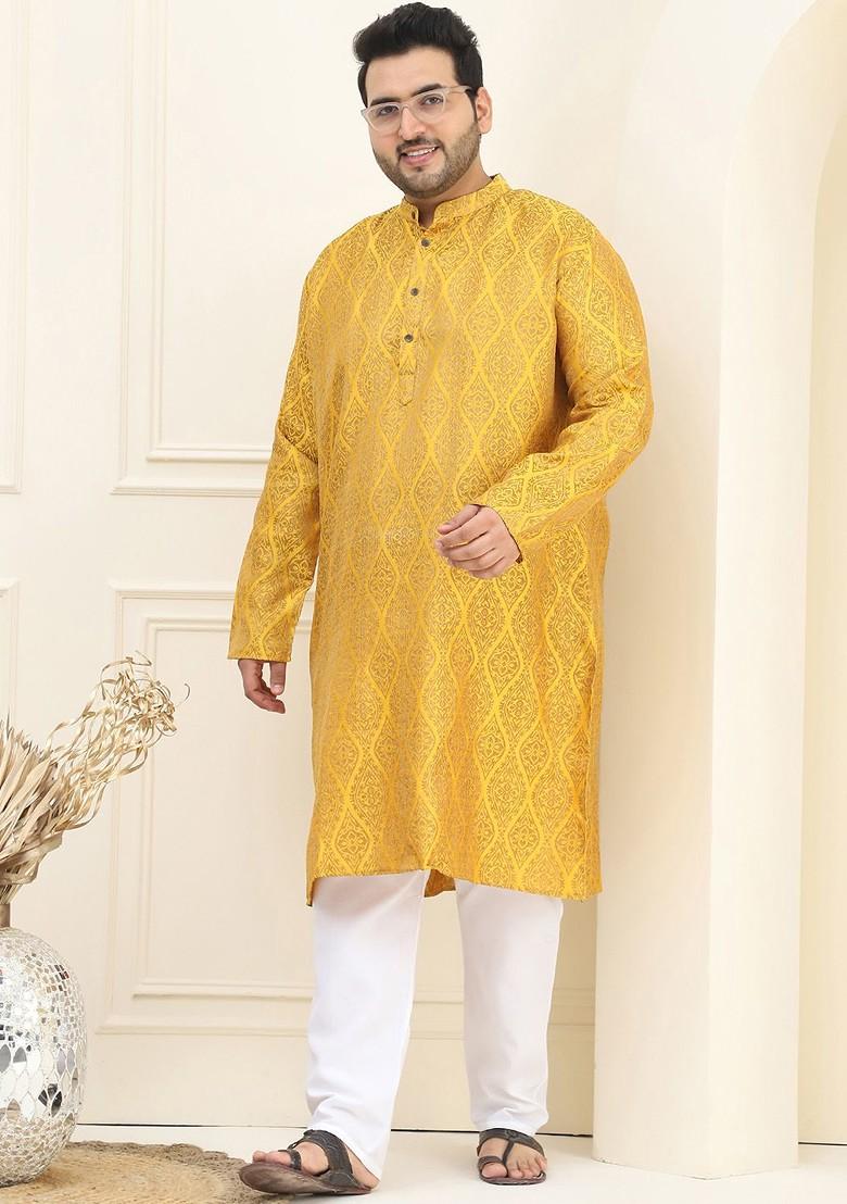 Mustard Ethnic Motifs Jacquard Kurta For Men