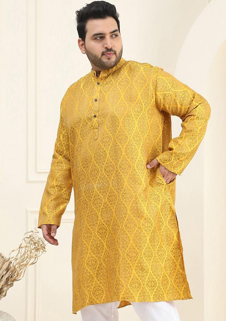 Mustard Ethnic Motifs Jacquard Kurta For Men