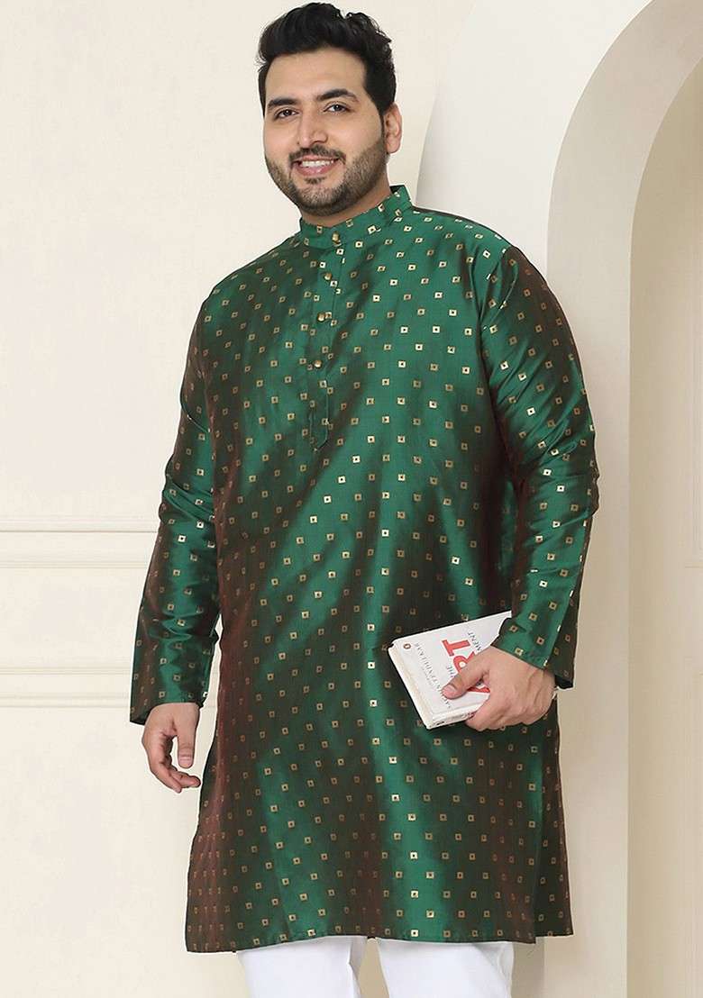 Green Woven Cotton Kurta For Men - Indya