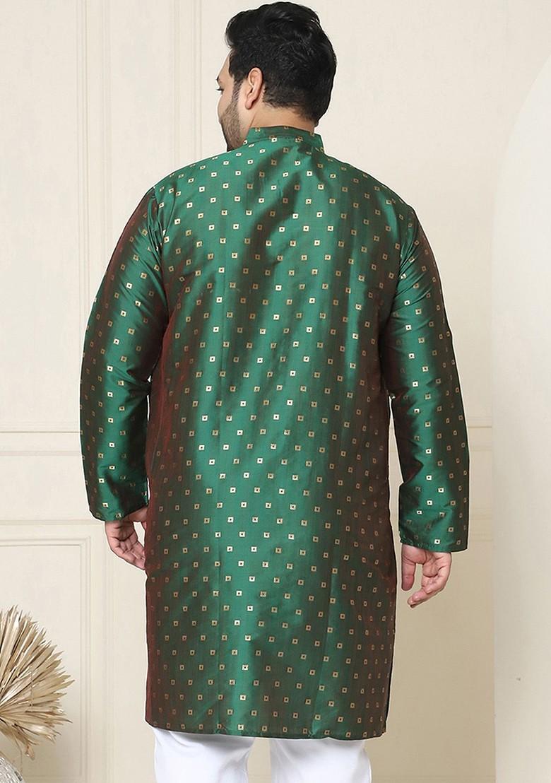Green Woven Cotton Kurta For Men