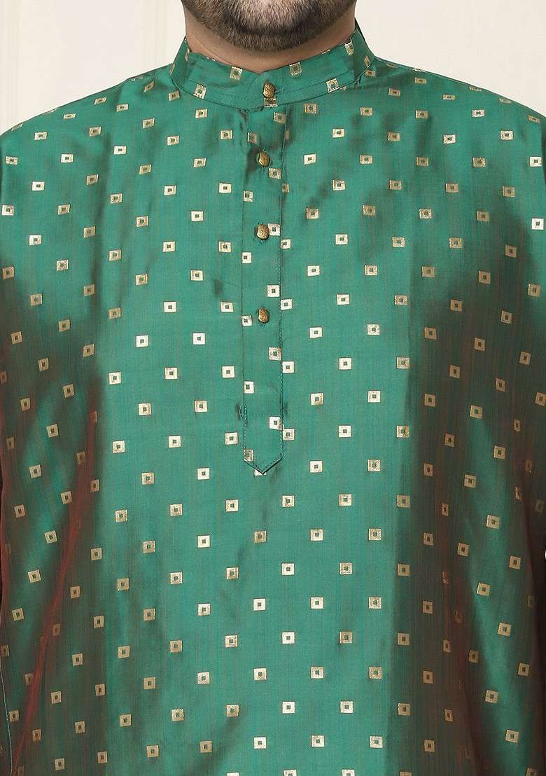 Green Woven Cotton Kurta For Men - Indya