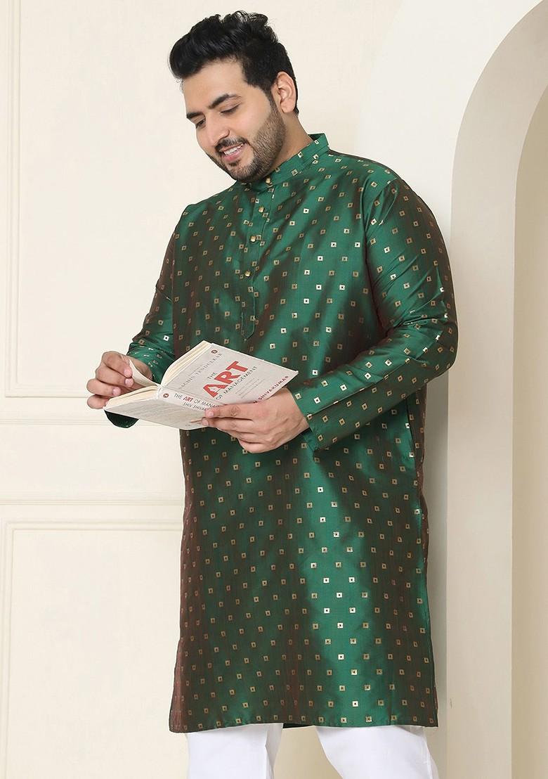 Green Woven Cotton Kurta For Men