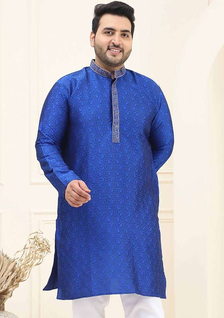 Blue Ethnic Motifs Silk Blend Kurta For Men - Indya