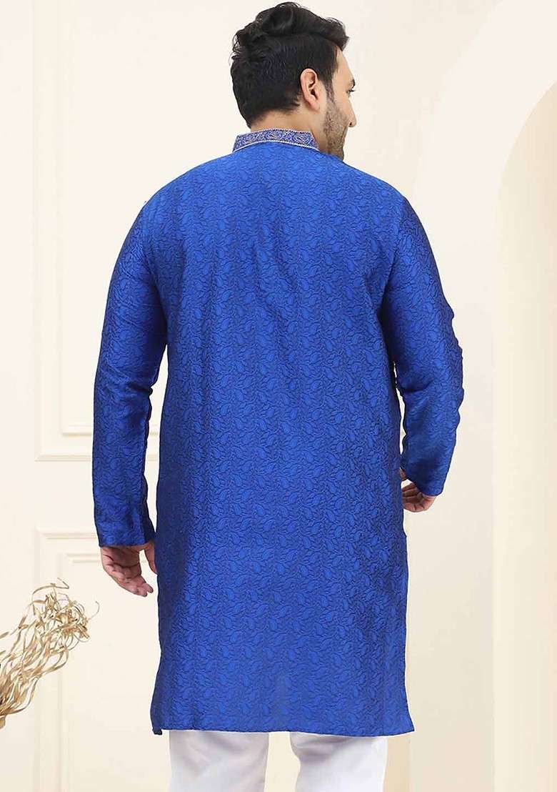 Blue Ethnic Motifs Silk Blend Kurta For Men - Indya
