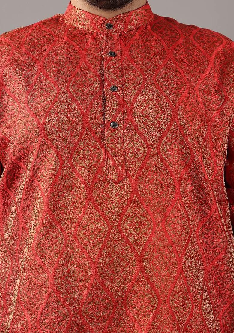 Red Ethnic Motifs Silk Kurta For Men
