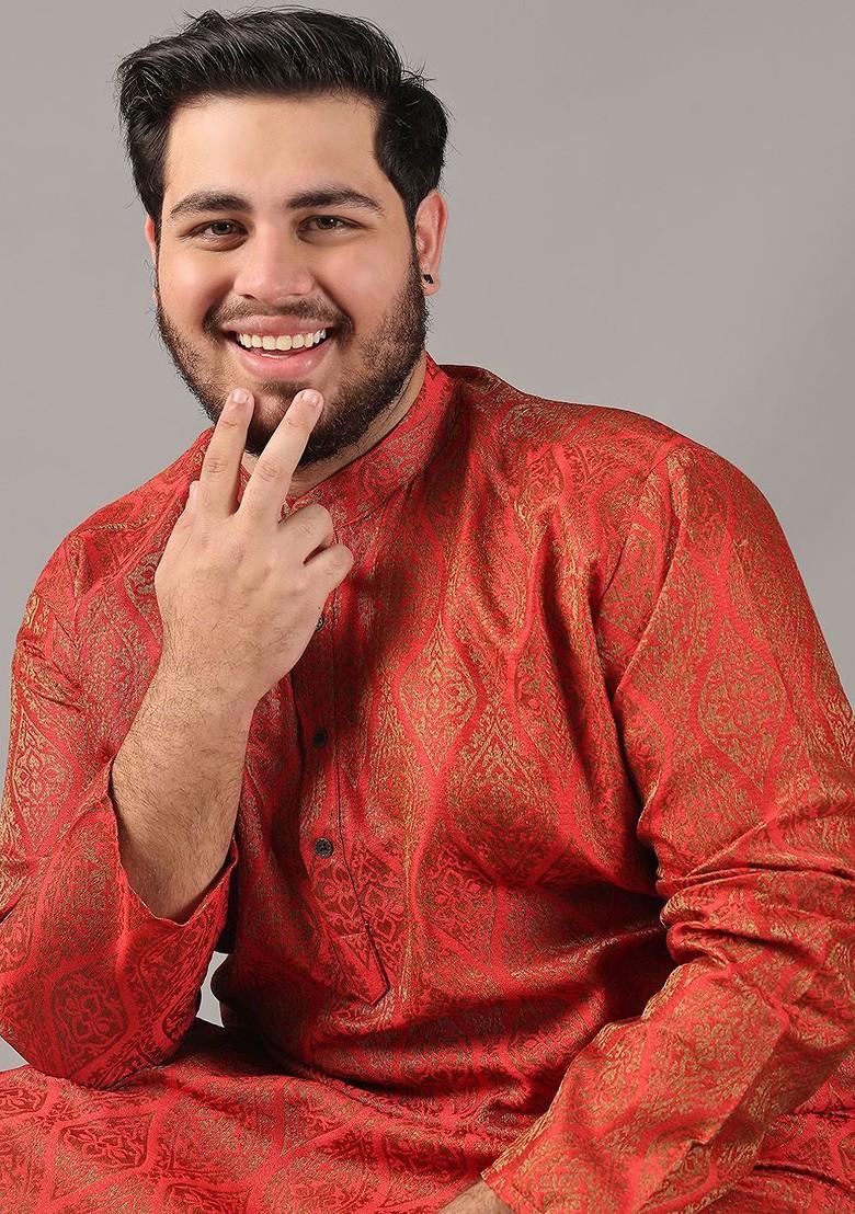 Red Ethnic Motifs Silk Kurta For Men