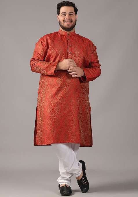 Red Ethnic Motifs Silk Blend Kurta For Men