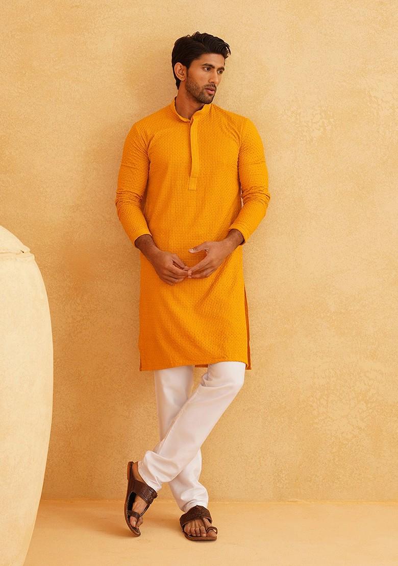 Mustard Thread Work Cotton Kurta For Men