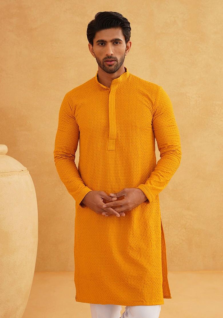Mustard Thread Work Cotton Kurta For Men