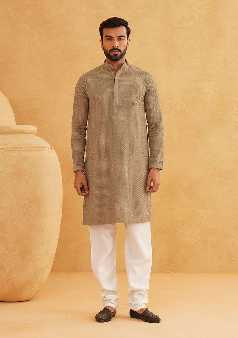 Coffee Brown Embroidered Cotton Kurta For Men - Indya