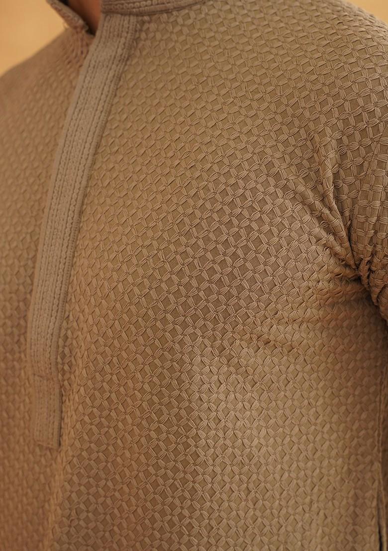 Coffee Brown Embroidered Cotton Kurta For Men
