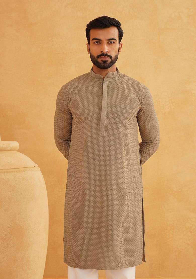 Coffee Brown Embroidered Cotton Kurta For Men - Indya