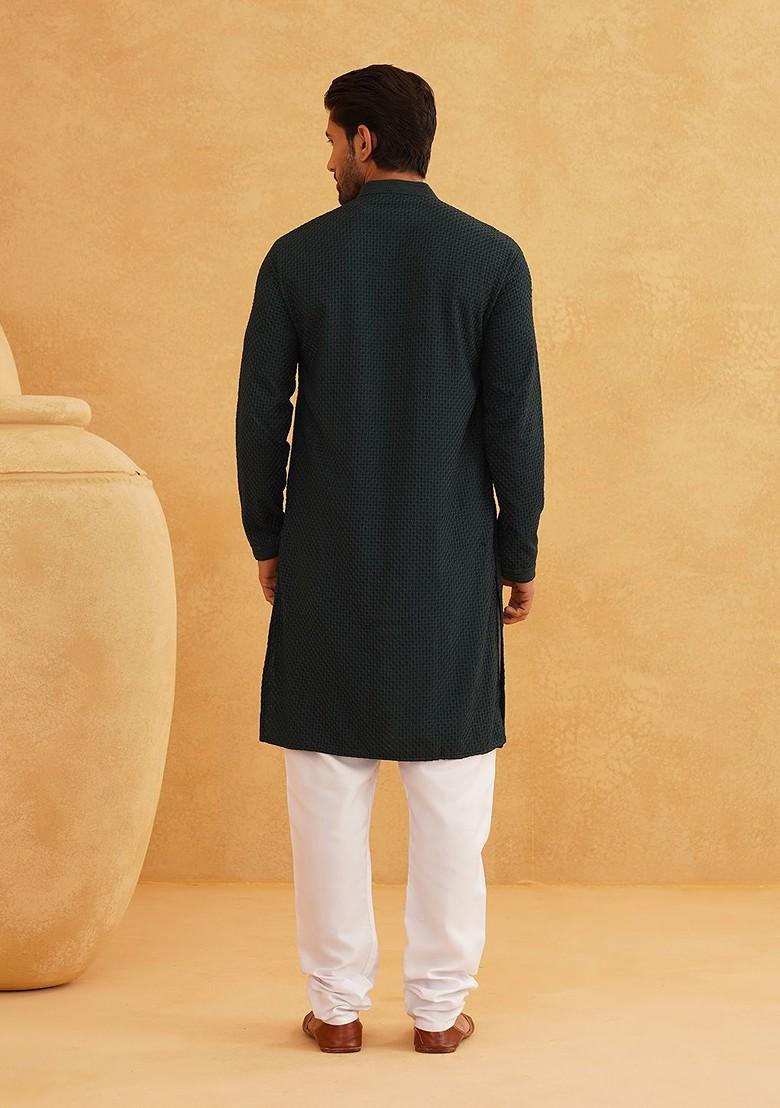 Green Checked Cotton Kurta For Men