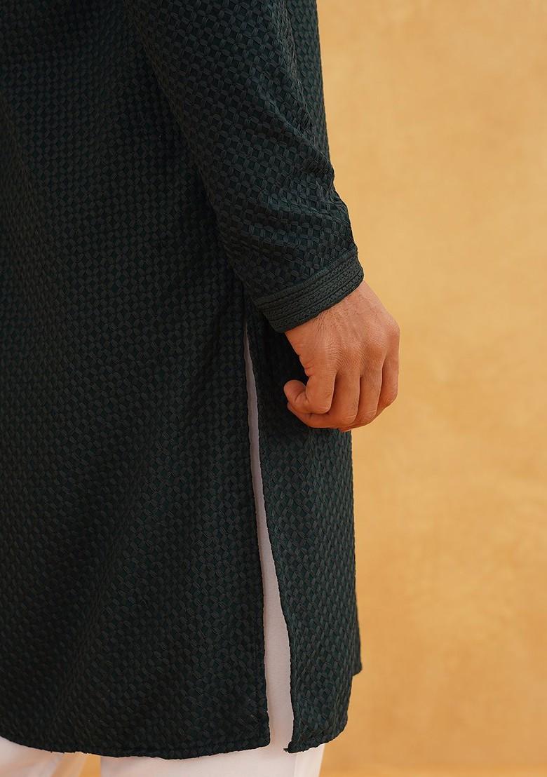 Green Checked Cotton Kurta For Men