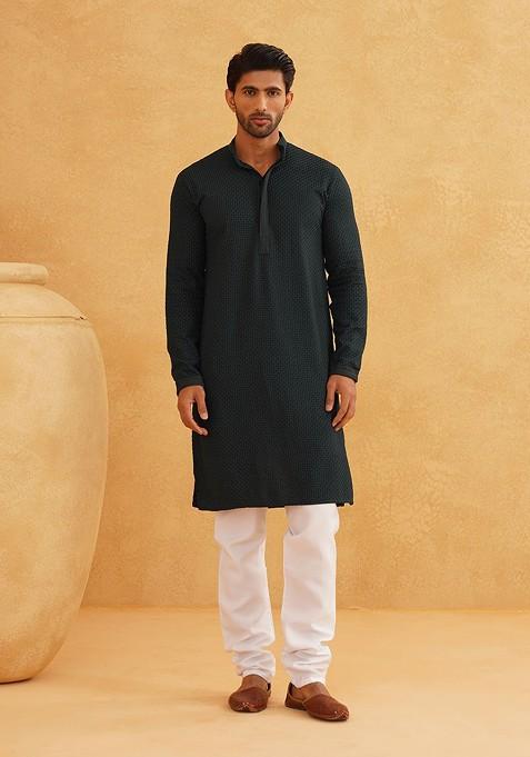 Green Checked Cotton Kurta For Men — view on Indya