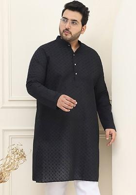 Black Embroidered Cotton Kurta For Men