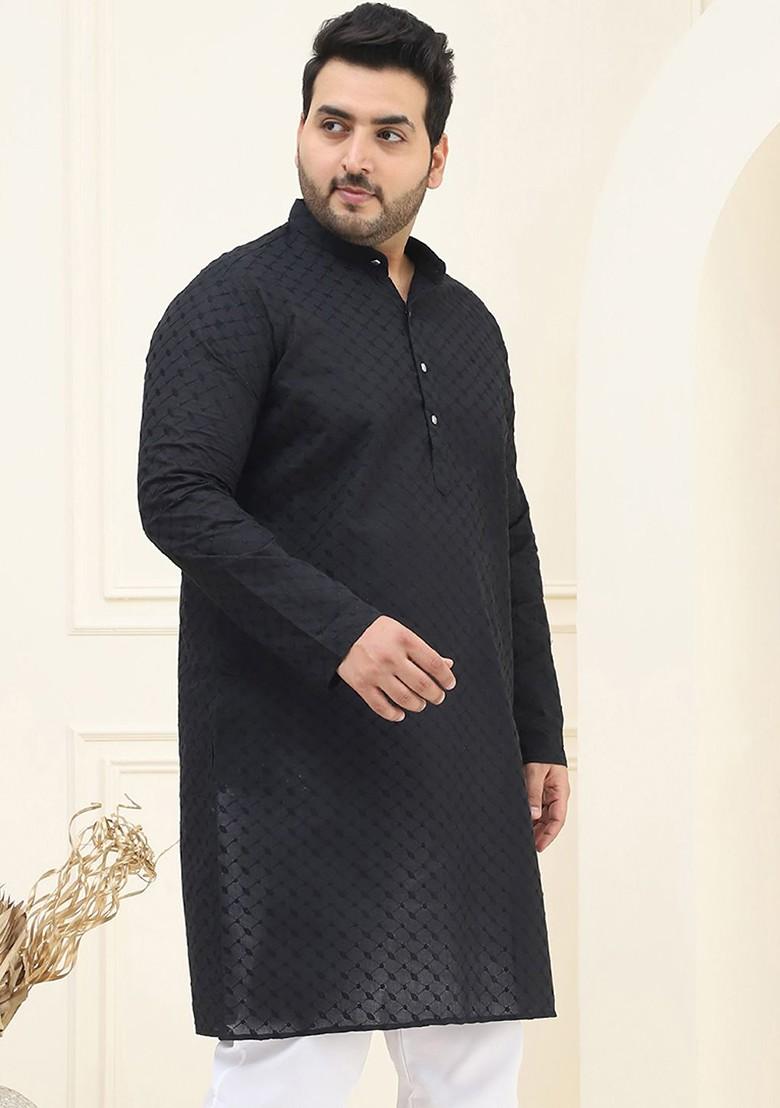 Black Embroidered Cotton Kurta For Men