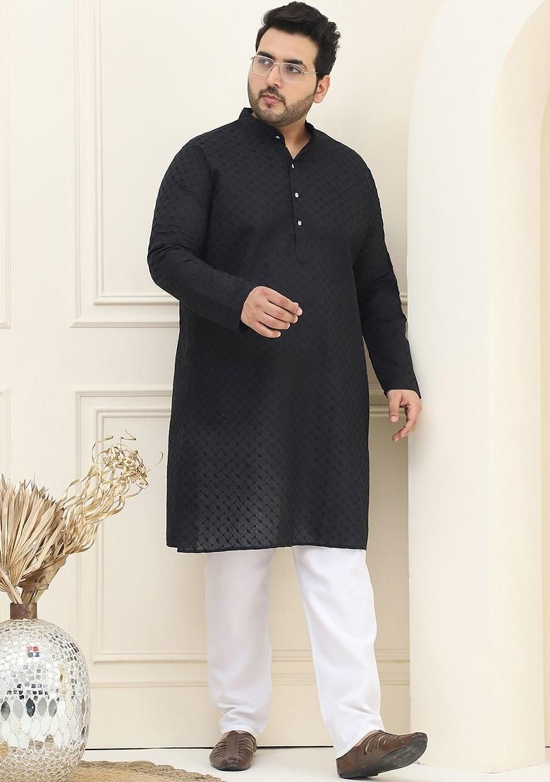 Black Embroidered Cotton Kurta For Men