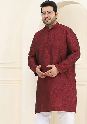 Maroon Solid Jacquard Kurta For Men