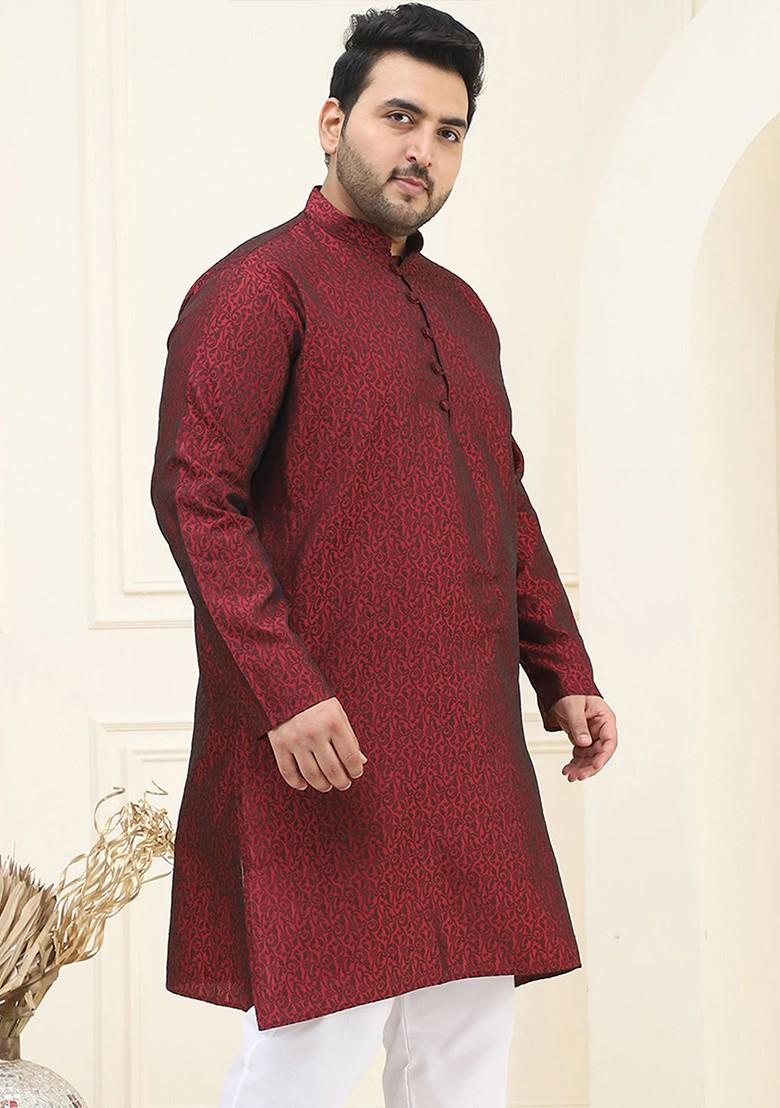 Maroon Solid Jacquard Kurta For Men