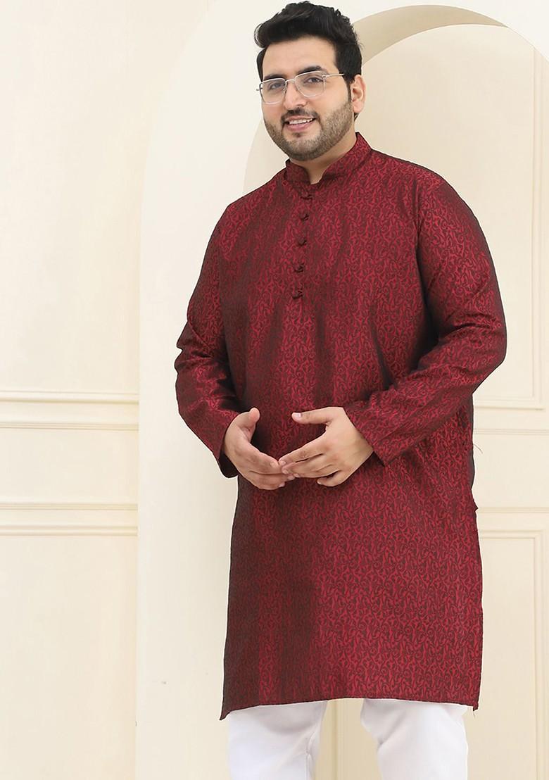 Maroon Solid Jacquard Kurta For Men