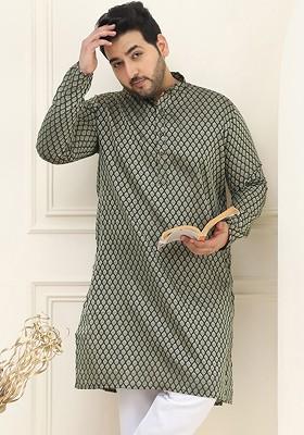 Green Ethnic Motifs Poly Blend Kurta For Men