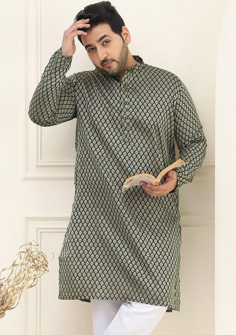 Green Ethnic Motifs Poly Blend Kurta For Men