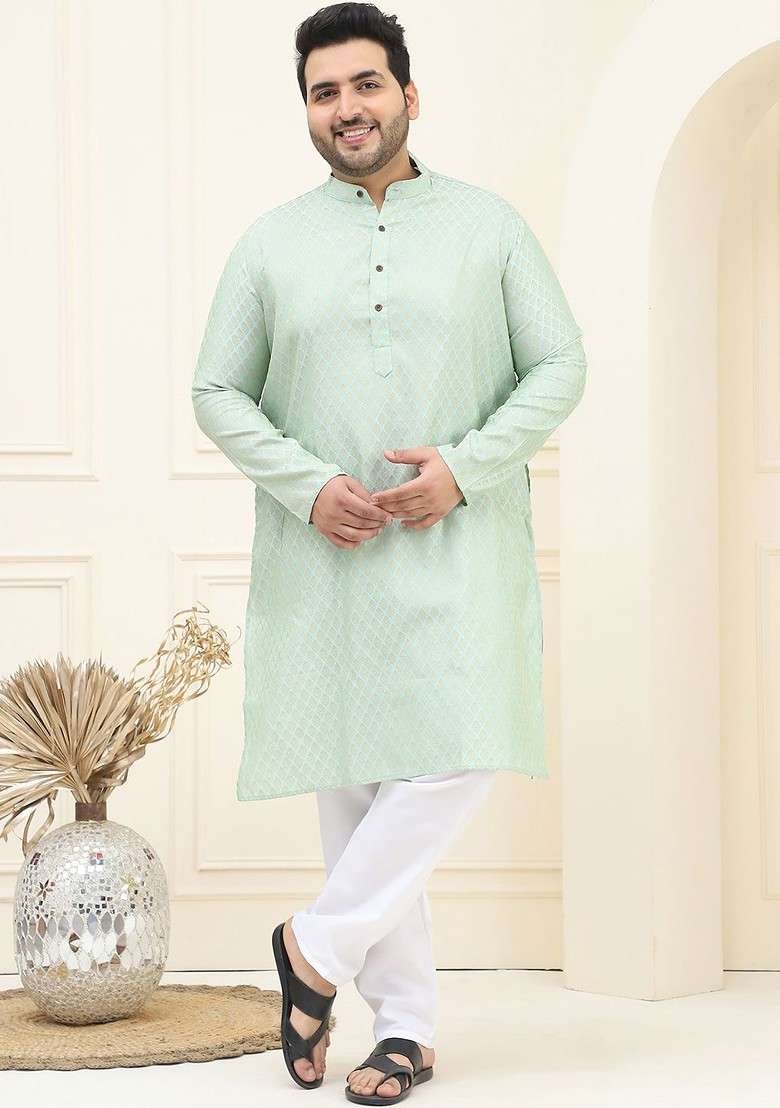 Green Ethnic Motifs Silk Blend Kurta For Men - Indya