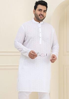 White Embroidered Cotton Kurta For Men