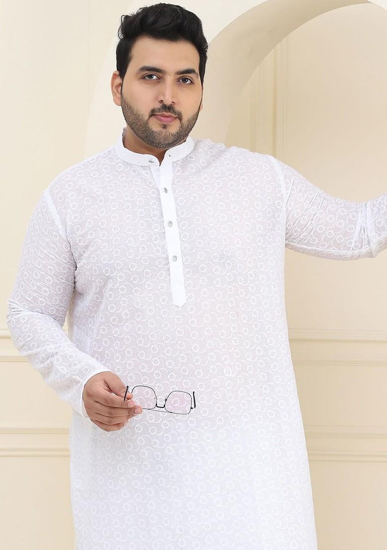 White Embroidered Cotton Kurta For Men
