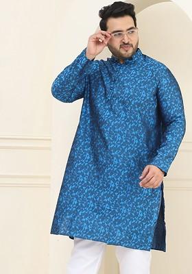 Blue Geometric Print Poly Blend Kurta For Men