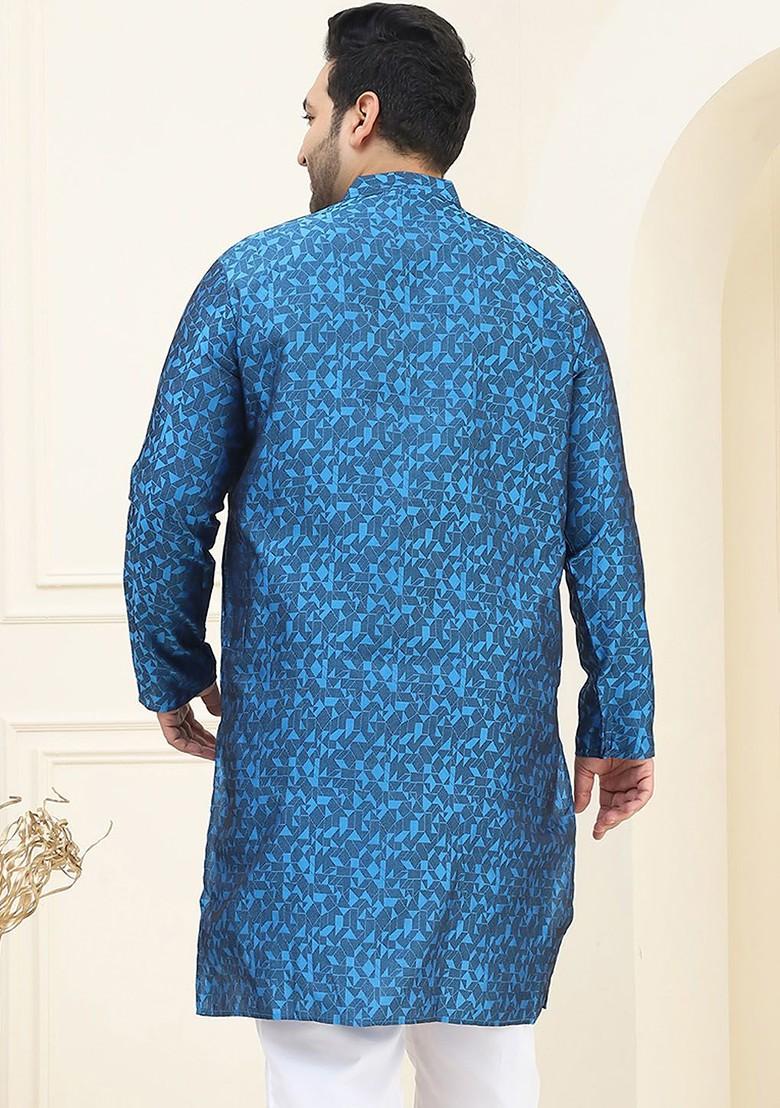 Blue Geometric Print Poly Blend Kurta For Men