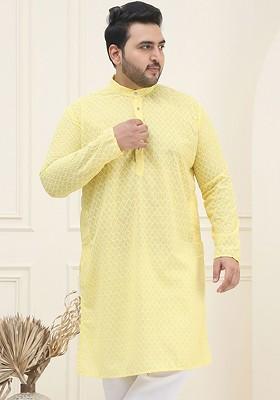 Yellow Embroidered Poly Blend Kurta For Men