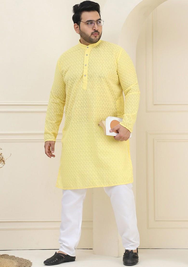 Yellow Embroidered Poly Blend Kurta For Men