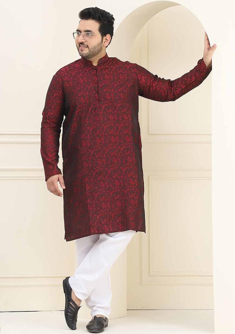 Maroon Woven Poly Blend Kurta For Men