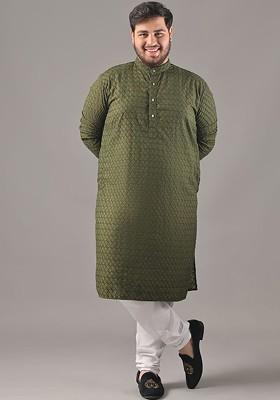Olive Embroidered Cotton Kurta For Men