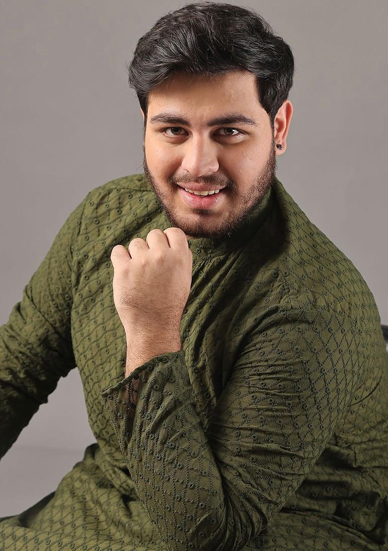 Olive Embroidered Cotton Kurta For Men