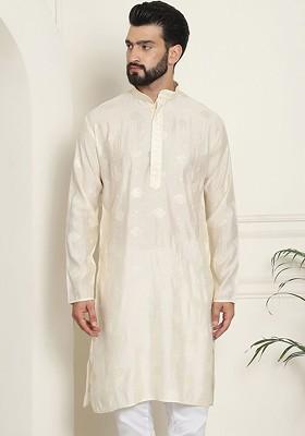 Cream Embellished Cotton Kurta For Men