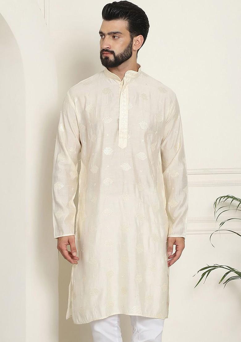 Cream Embellished Cotton Kurta For Men